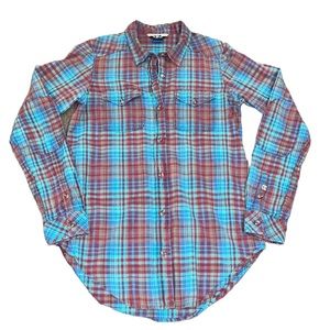 Kavu Billy Jean Plaid Button Up Elbow Patch Shirt Size XS